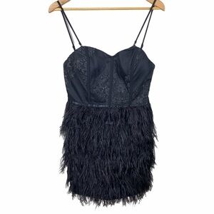 Windsor black ostrich spaghetti strap feather mini dress size large NWT